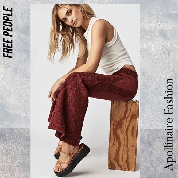FREE PEOPLE NEPTUNE’S NET CROCHET FLARE PANTS IN WASHED WINE NWT - Picture 3 of 9